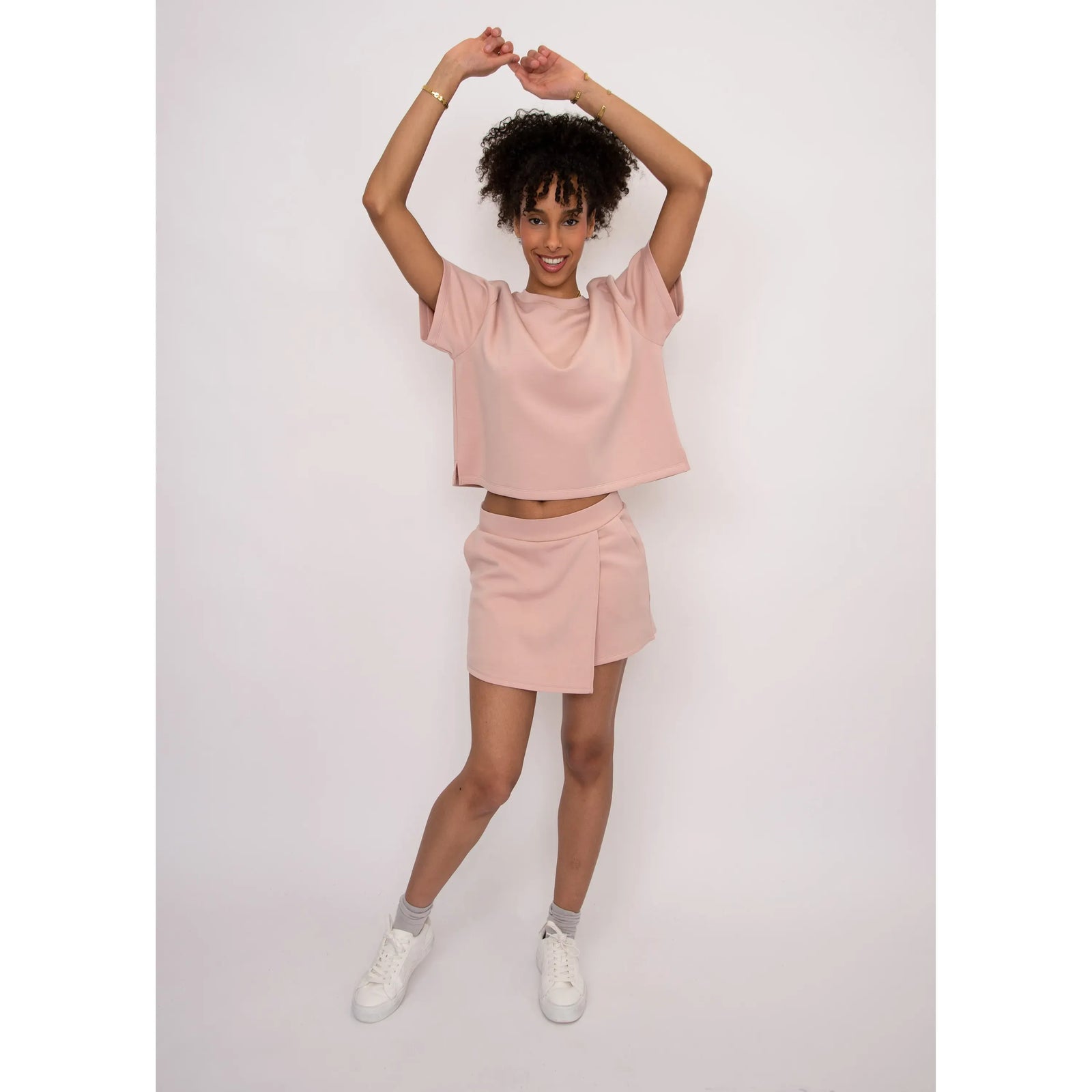 Tess Soft Knit Top, blush pink boxy knit with relaxed fit, worn with matching shorts.