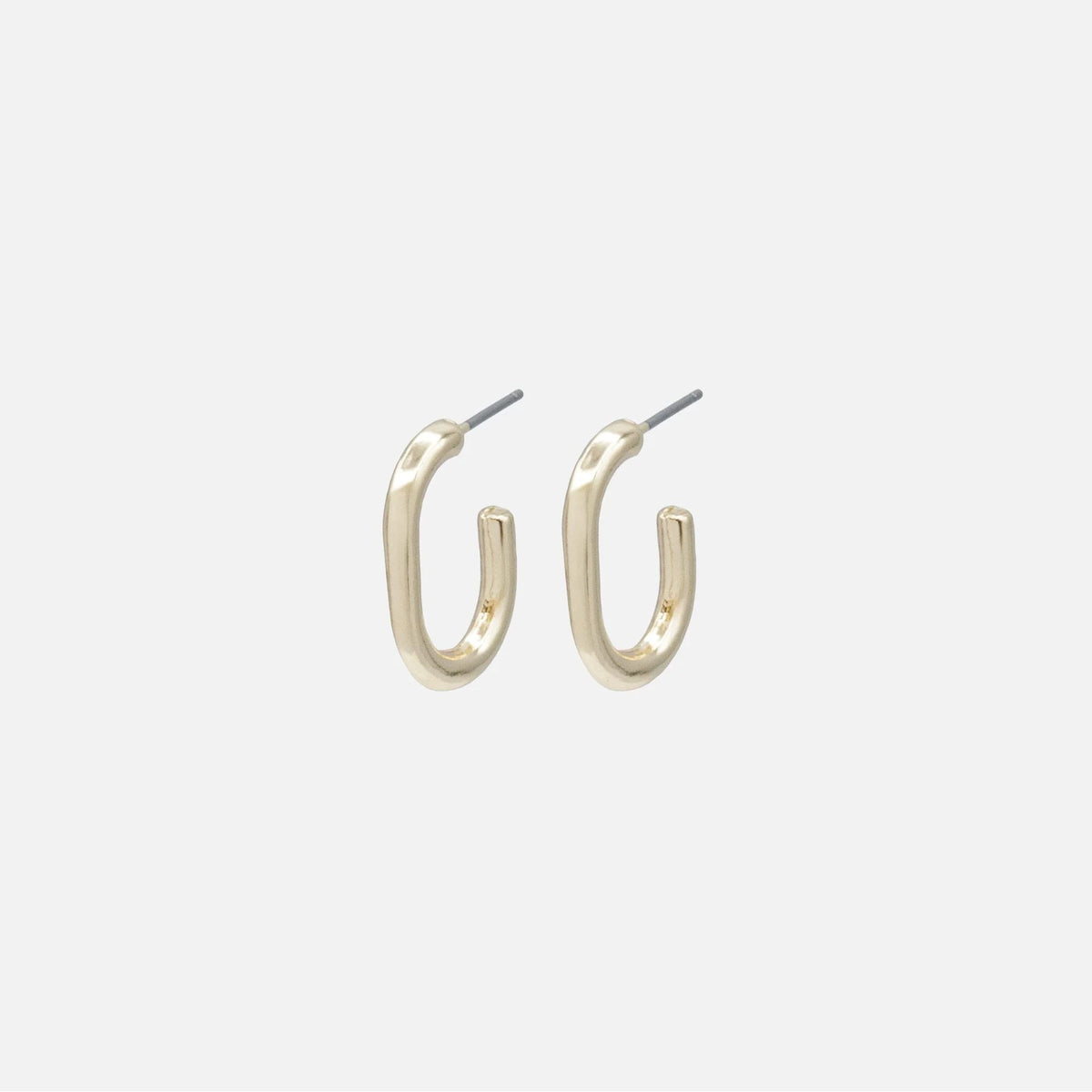 Pair of tiny gold hoop earrings with posts; minimalist, hypoallergenic, nickel-, lead-, and cadmium-free.