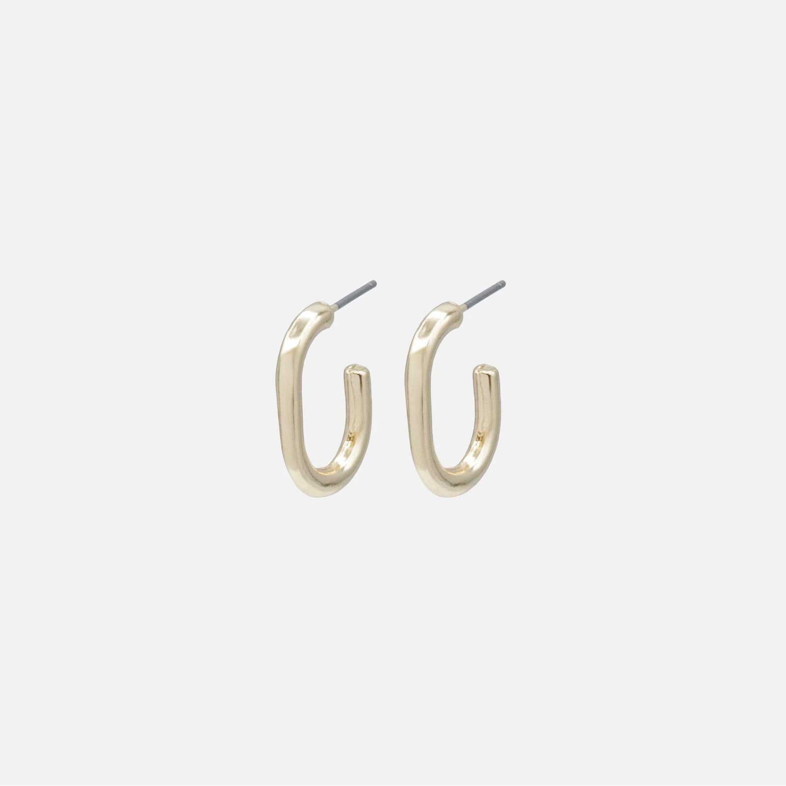 Pair of tiny gold hoop earrings with posts; minimalist, hypoallergenic, nickel-, lead-, and cadmium-free.