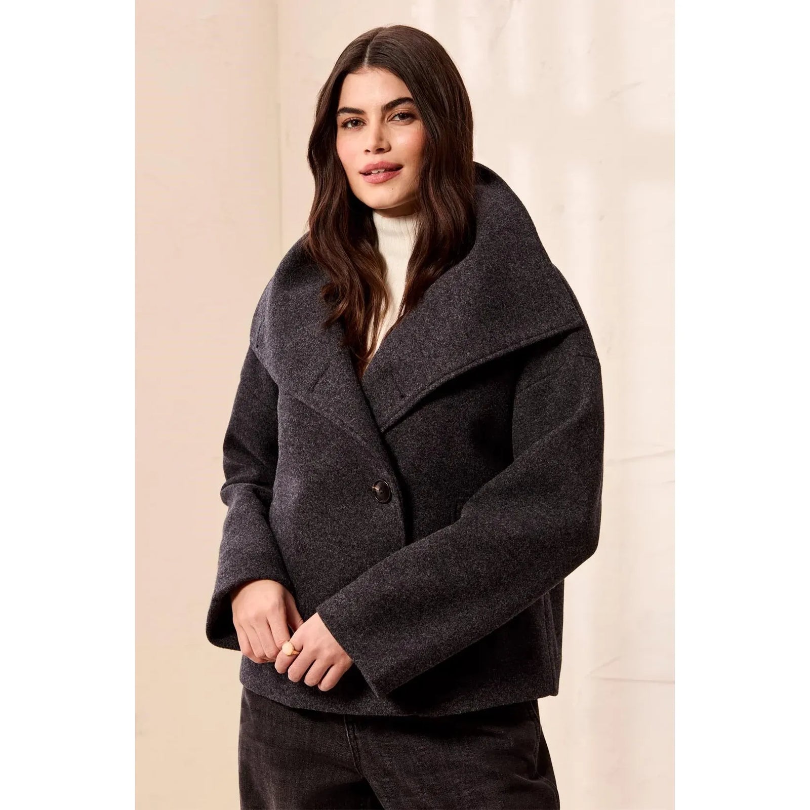 Tribal Lofty Funnel Neck Jacket in charcoal knit, button front, relaxed fit on a model.