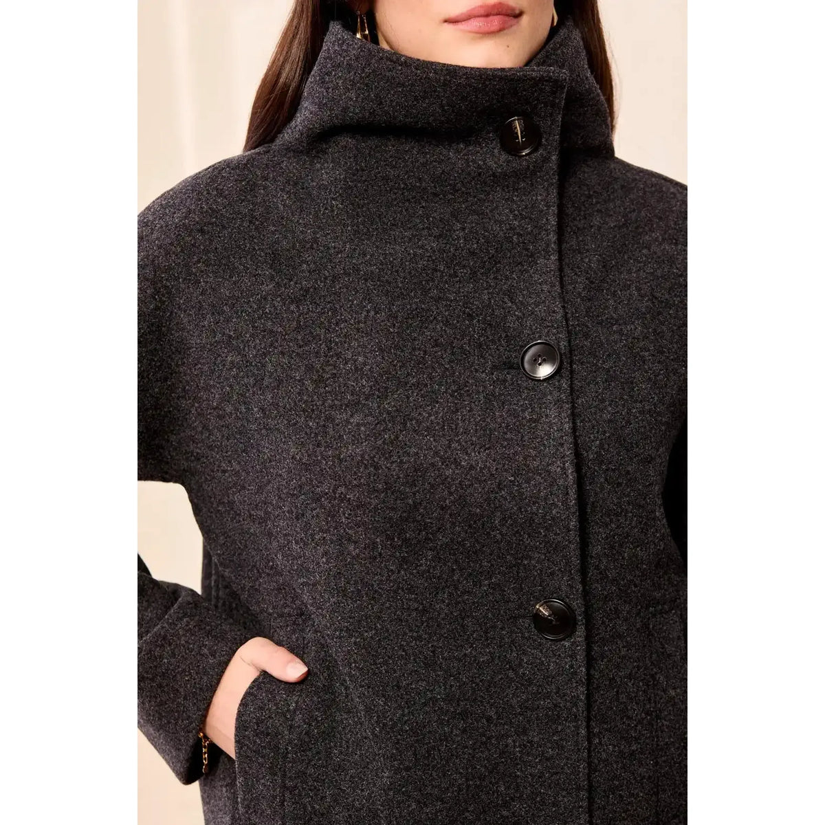 Tribal Lofty Funnel Neck Jacket in charcoal knit with button-front and relaxed fit.