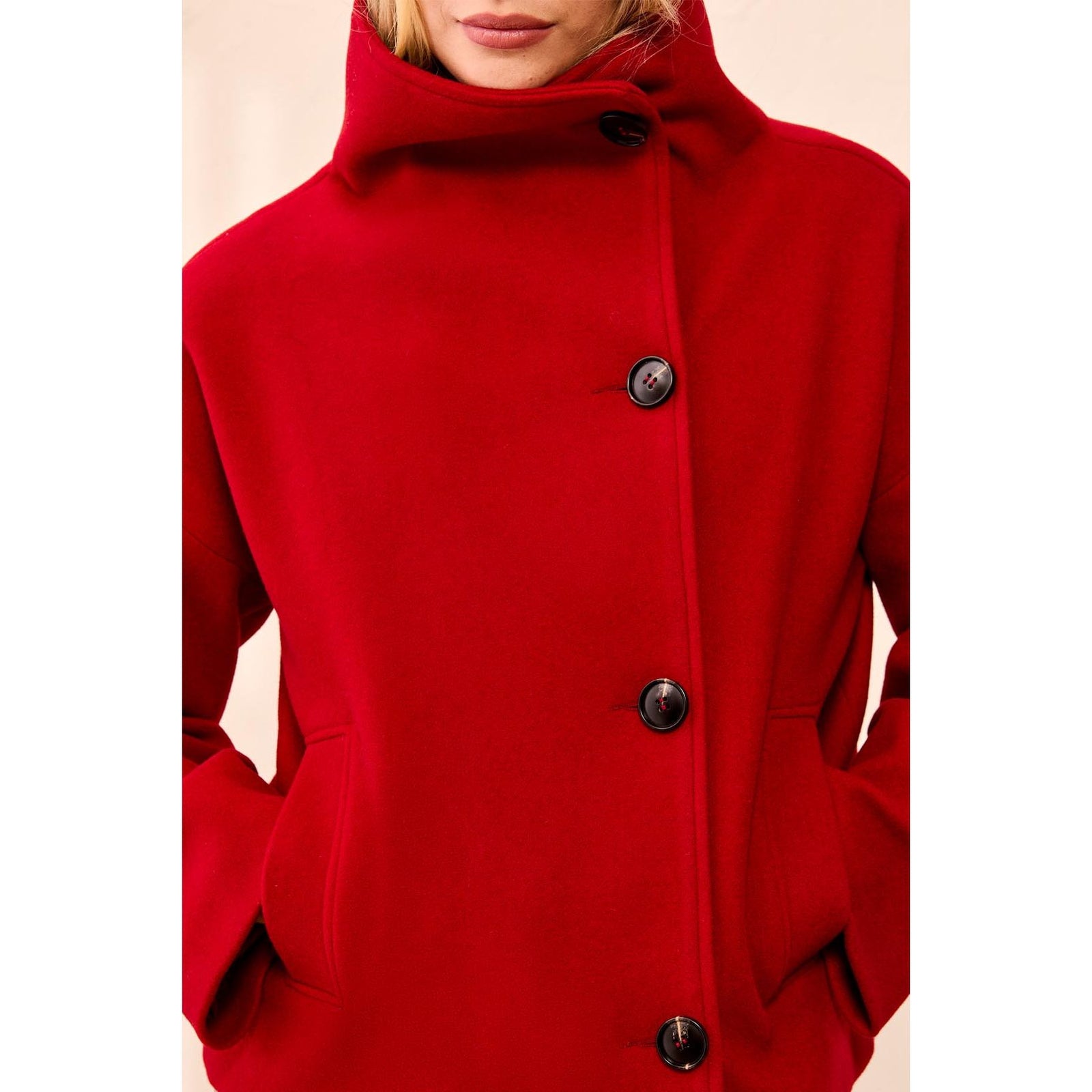 Tribal Lofty Funnel Neck Jacket in red with a button-front, relaxed fit, cozy lofty knit.