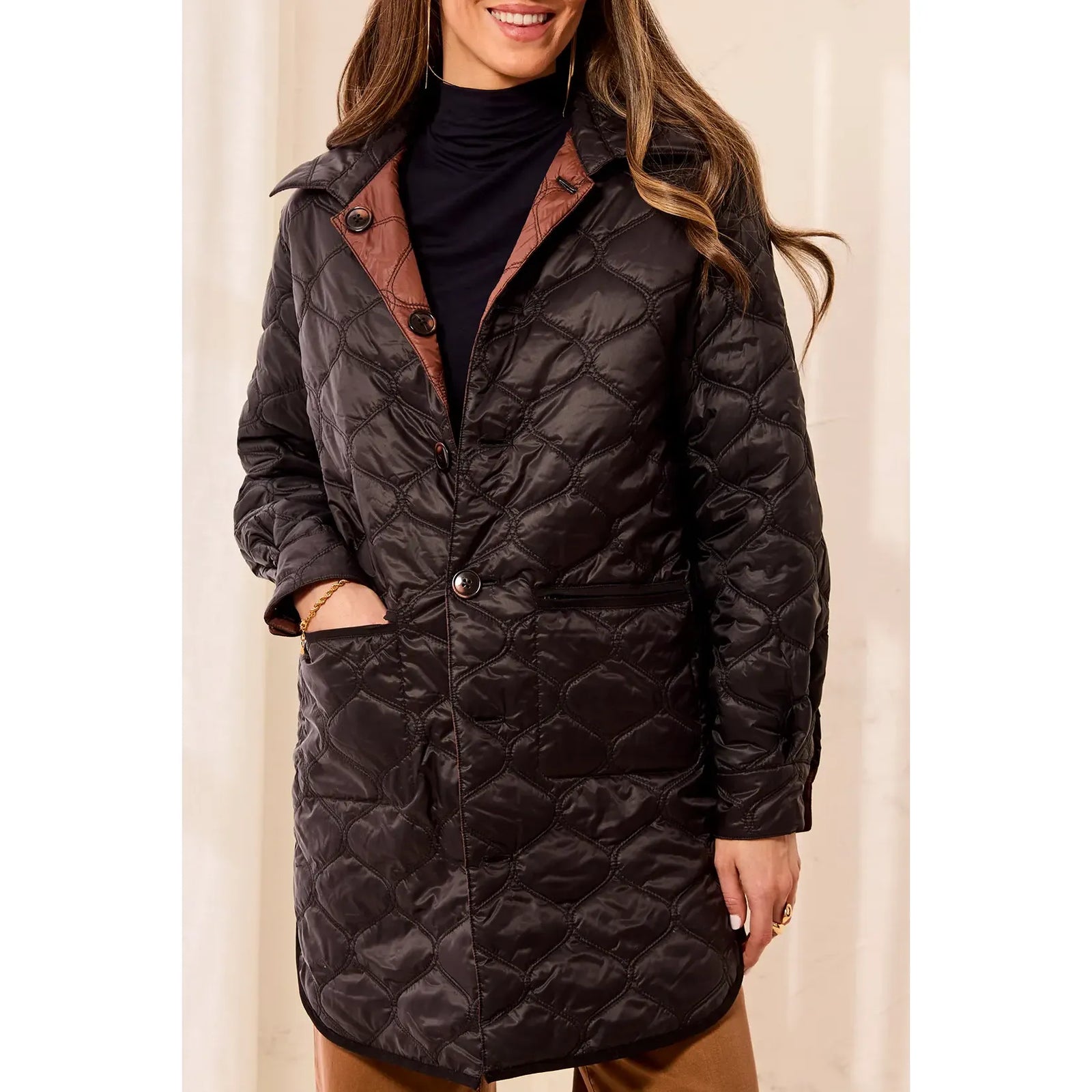Tribal Reversible Quilted Jacket: black and copper reverse, mid-length, lightweight insulated, button front.