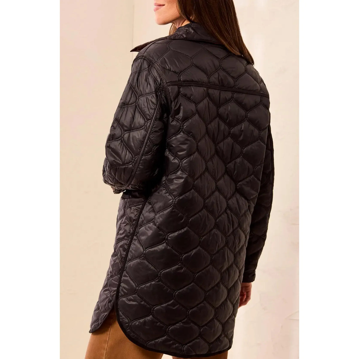 Tribal Reversible Quilted Jacket, black with diamond quilting; back view, lightweight insulated, reverses to copper.