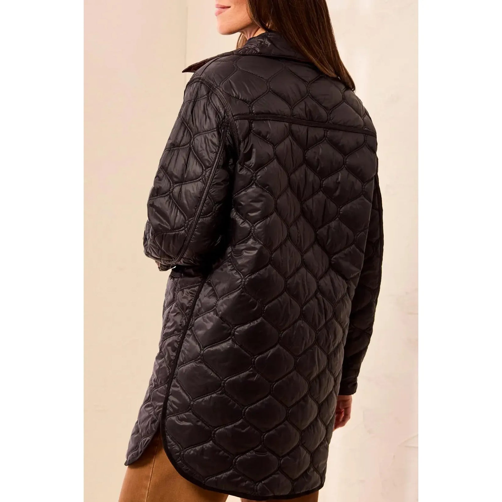 Tribal Reversible Quilted Jacket, black with diamond quilting; back view, lightweight insulated, reverses to copper.