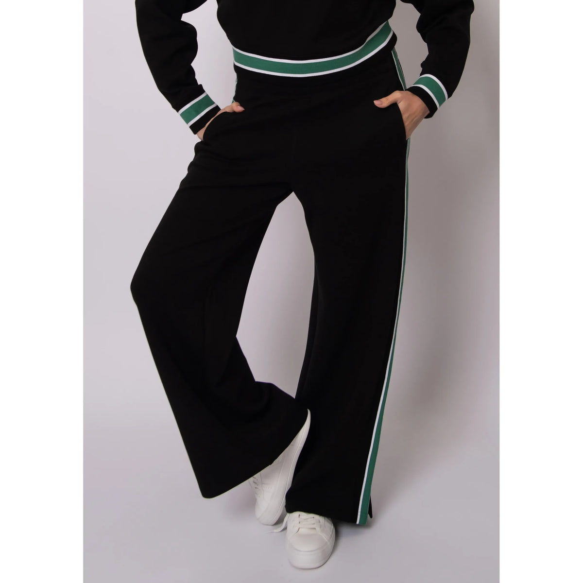 Valencia Soft Knit Pull-On Jogger Pants: black with a green and white side stripe.