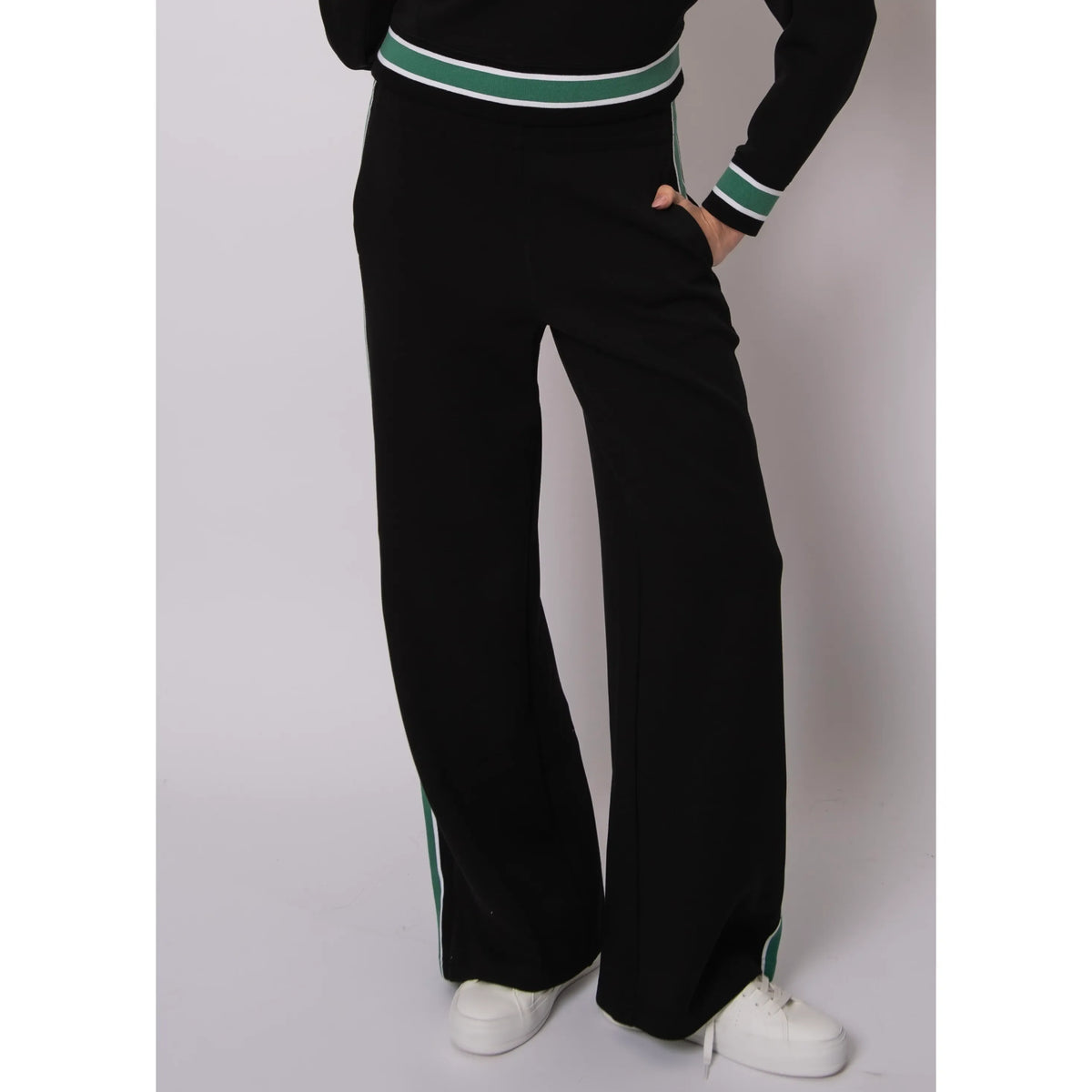 Valencia soft knit pull-on jogger pants in black with green and white side stripe, sporty chic look.