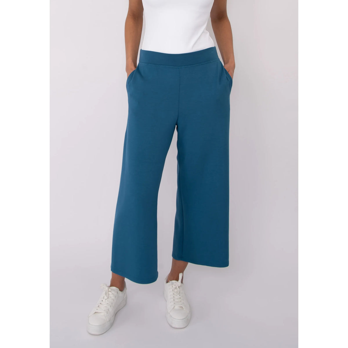 Victoria Soft Knit Cropped Pants in teal, wide-leg with pockets, worn by Sharlene in size Small.