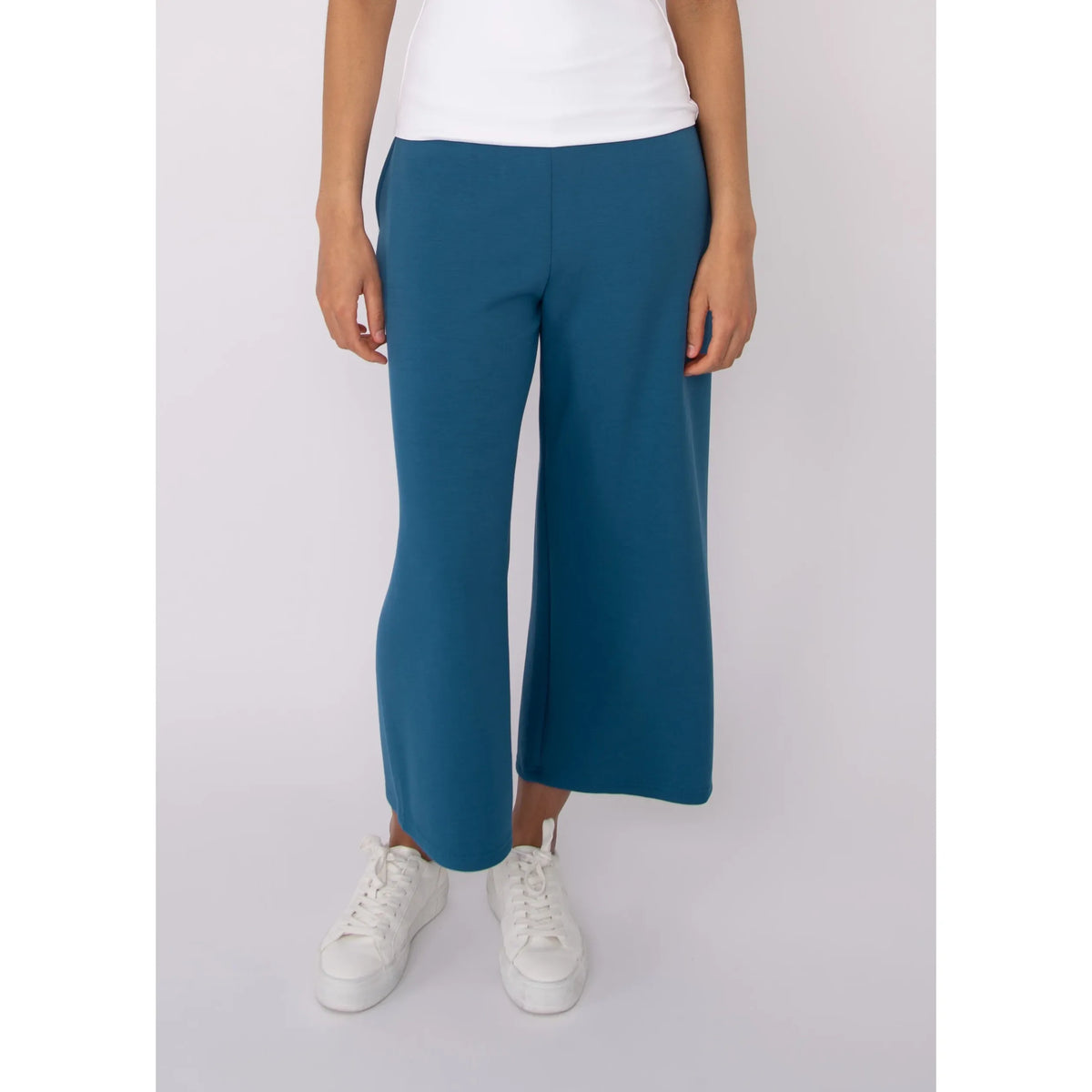 Victoria Soft Knit Cropped Pants in teal with a wide-leg silhouette and pockets.