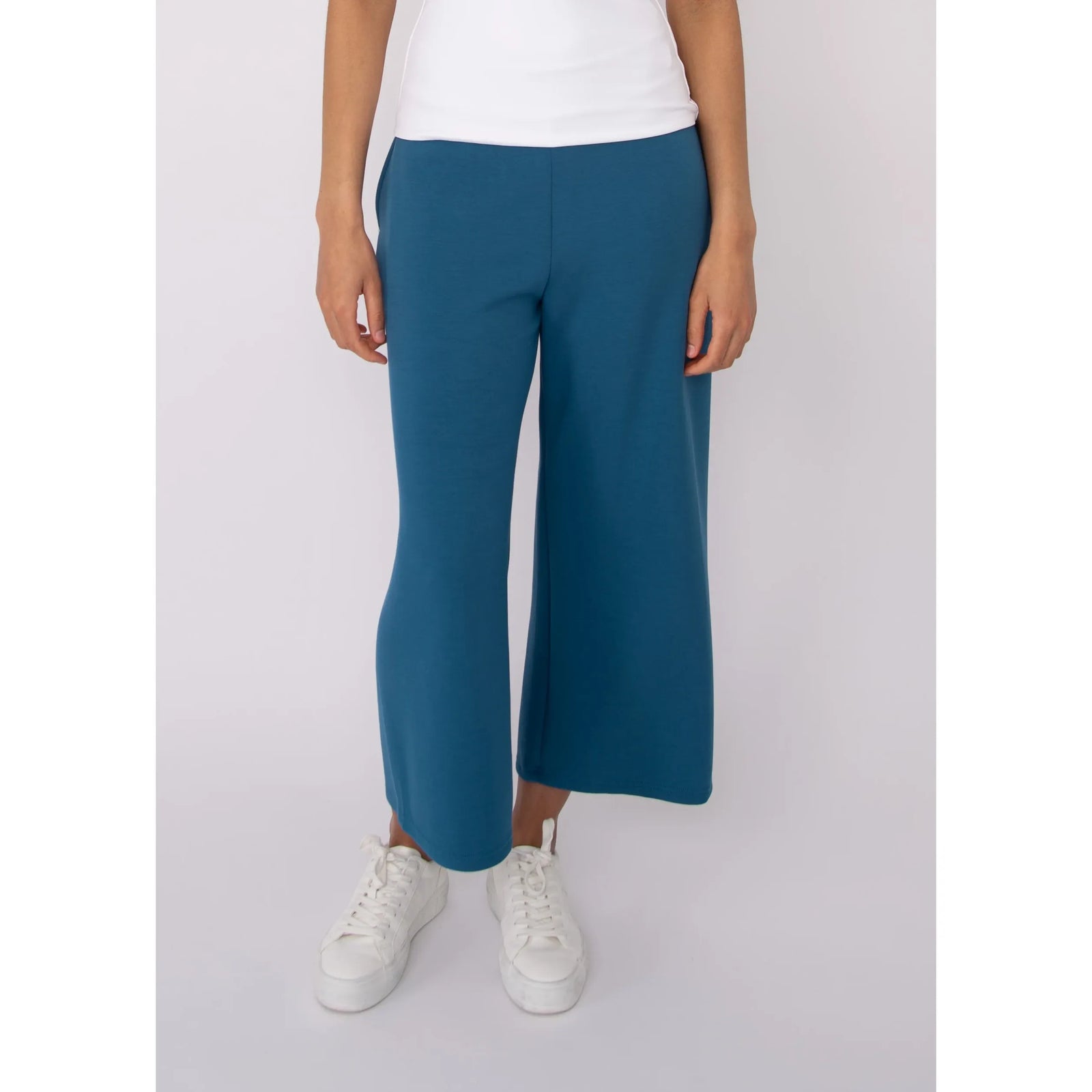 Victoria Soft Knit Cropped Pants in teal with a wide-leg silhouette and pockets.