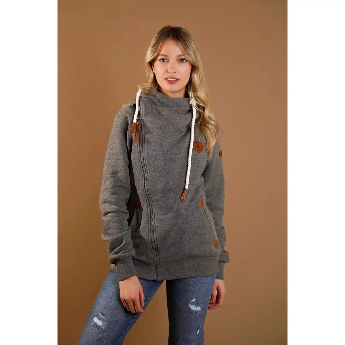 Stylish Wanakome Athena Hoodie in dark heather grey features a shawl neck and faux leather accents for a trendy look.