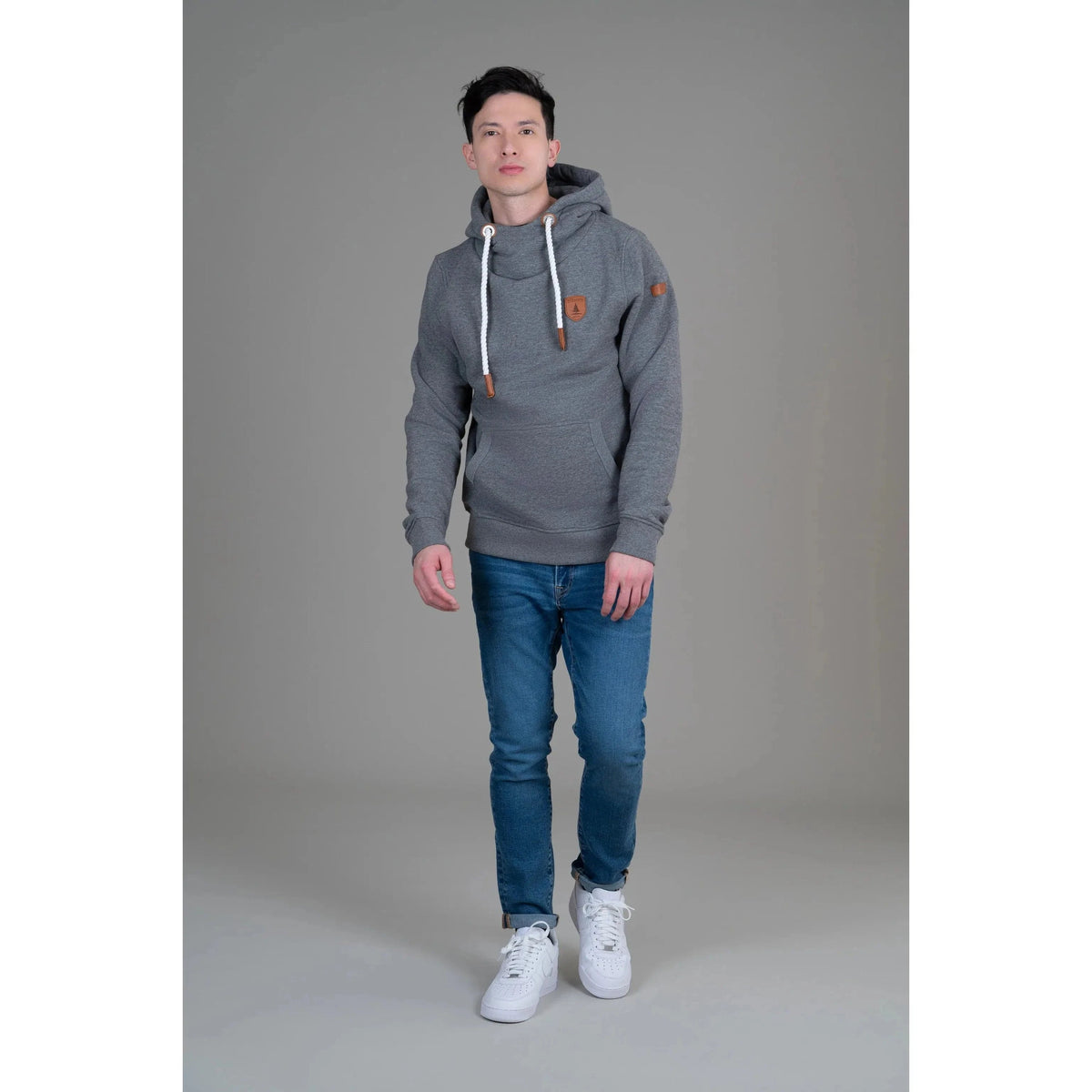 Wanakome Cascade Hoodie in grey with cowl neck, drawstrings, embroidered chest and sleeve patches, kangaroo pocket.