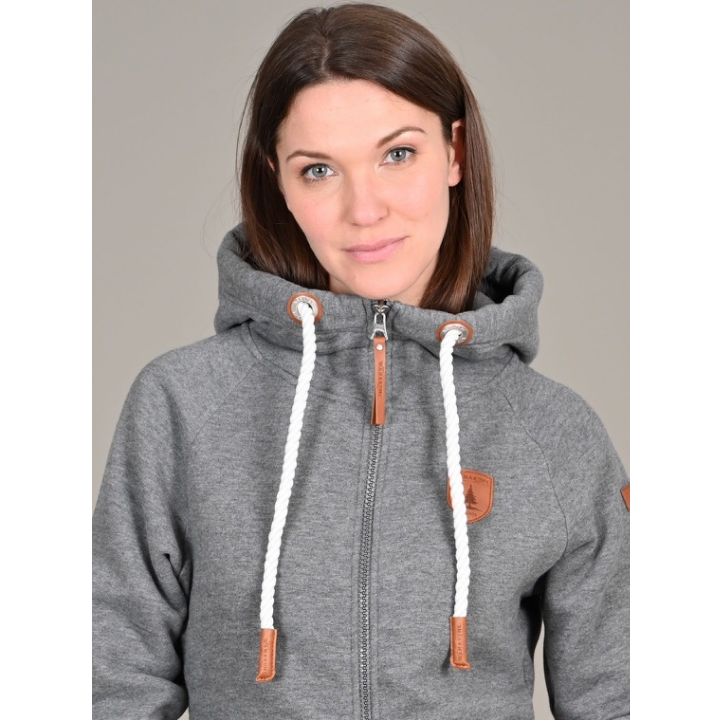 Wanakome Hera Zip Front Hoodie; gray brushed terry zip with white drawstrings, vegan leather caps, chest patch.