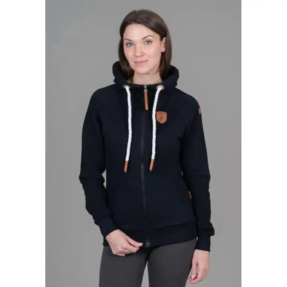 Wanakome Hera Zip Front Hoodie: black terry zip hoodie with white drawstrings, vegan leather caps, patch logos.
