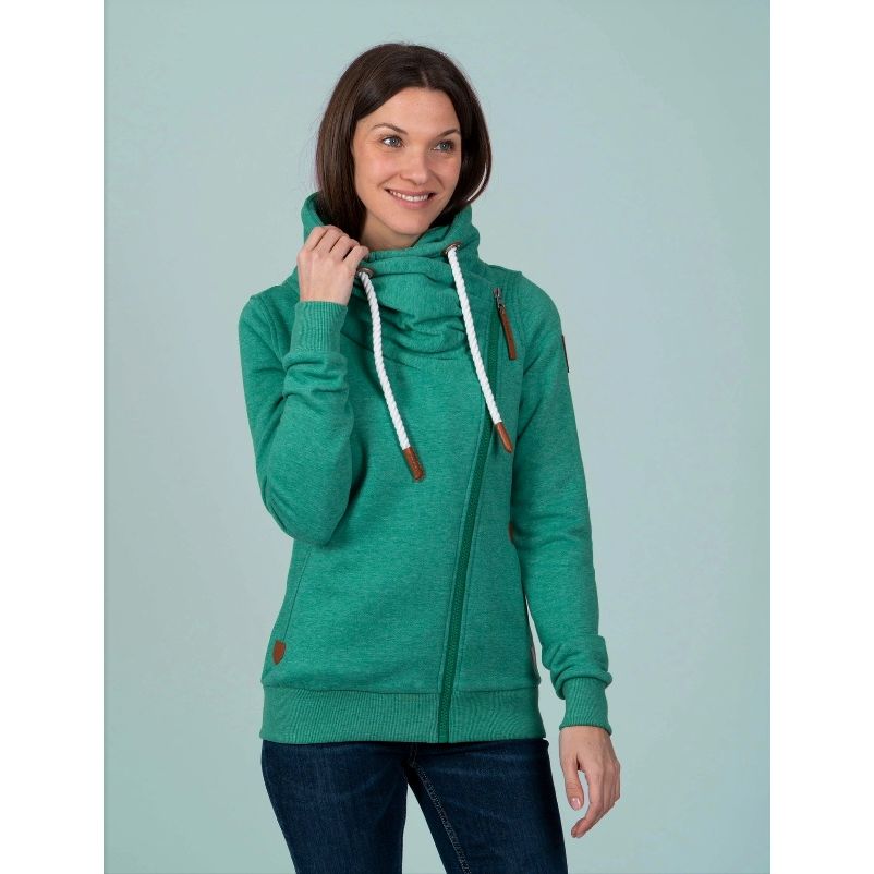 Wanakome Hestia Zip Up green fleece hoodie with funnel neck, model wearing.