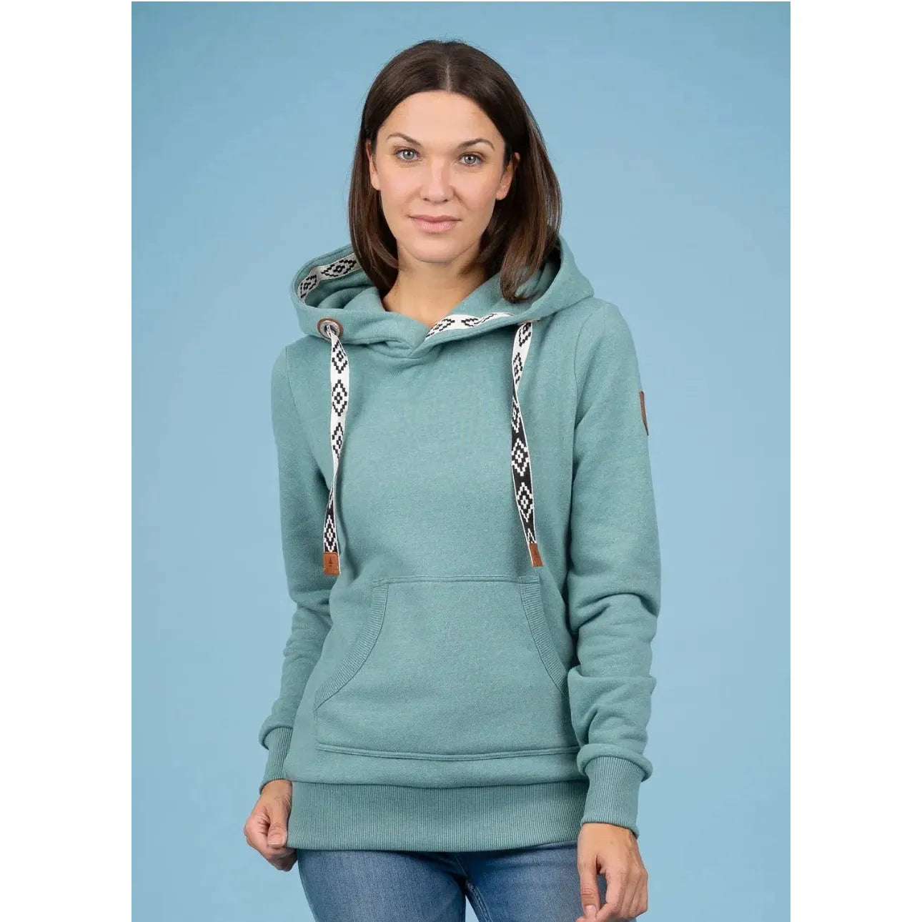 Wanakome Ikatt Hoodie: teal hoodie with cozy cowl neck, attached hood, patterned jacquard drawcords, front pocket.