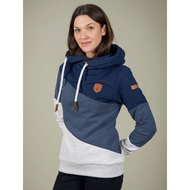 Wanakome Selene Hoodie — tri-color color-block fleece hoodie with cowl neck and patch details