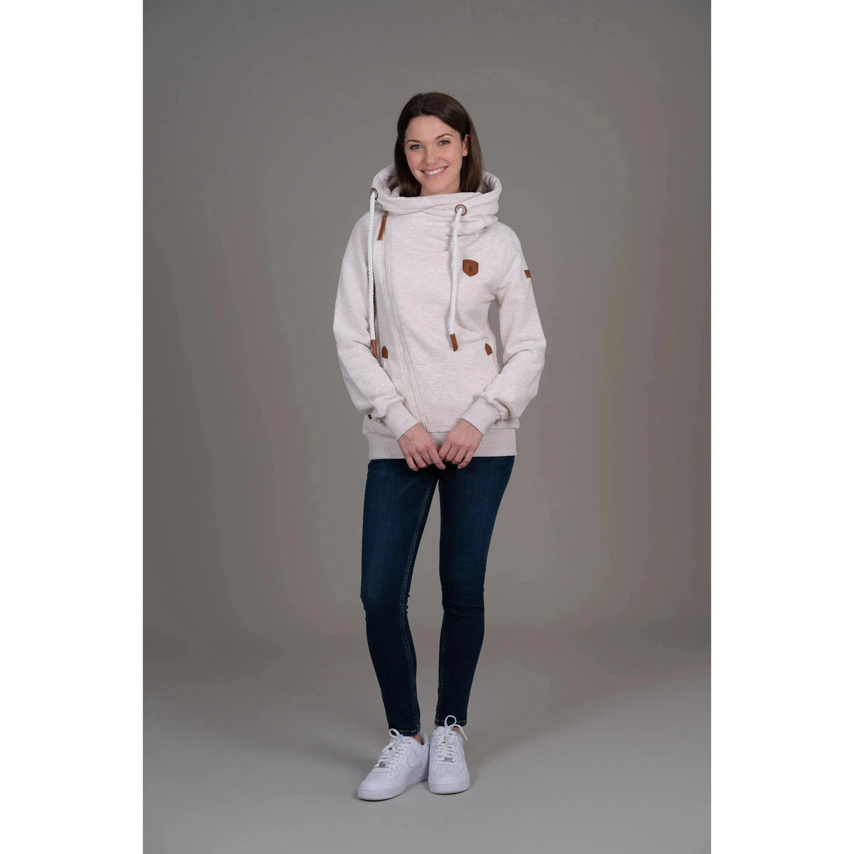 Stylish Wanakome Athena Hoodie featuring a shawl neck and faux leather accents, perfect for layering.