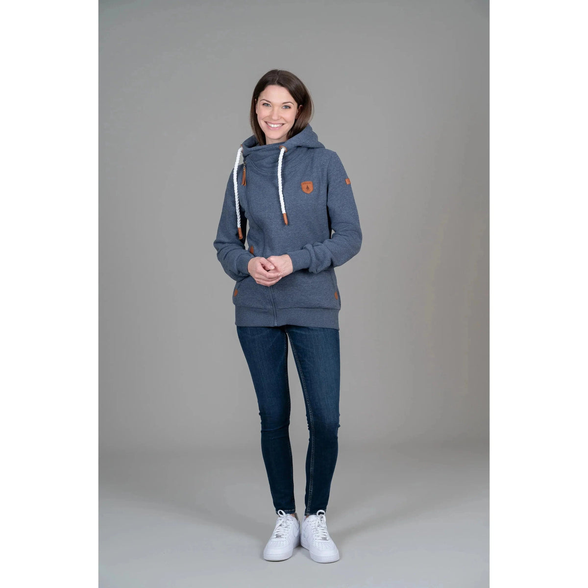 Wanakome Athena Hoodie features a stylish shawl neck and faux leather accents, perfect for layering and comfort.