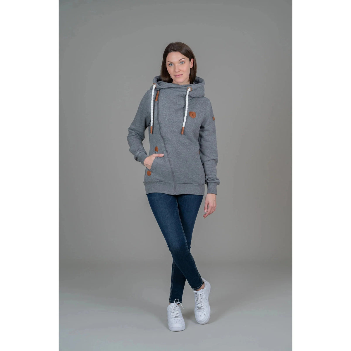 Wanakome Athena Hoodie features a stylish shawl neck and faux leather accents, perfect for layering and comfort.