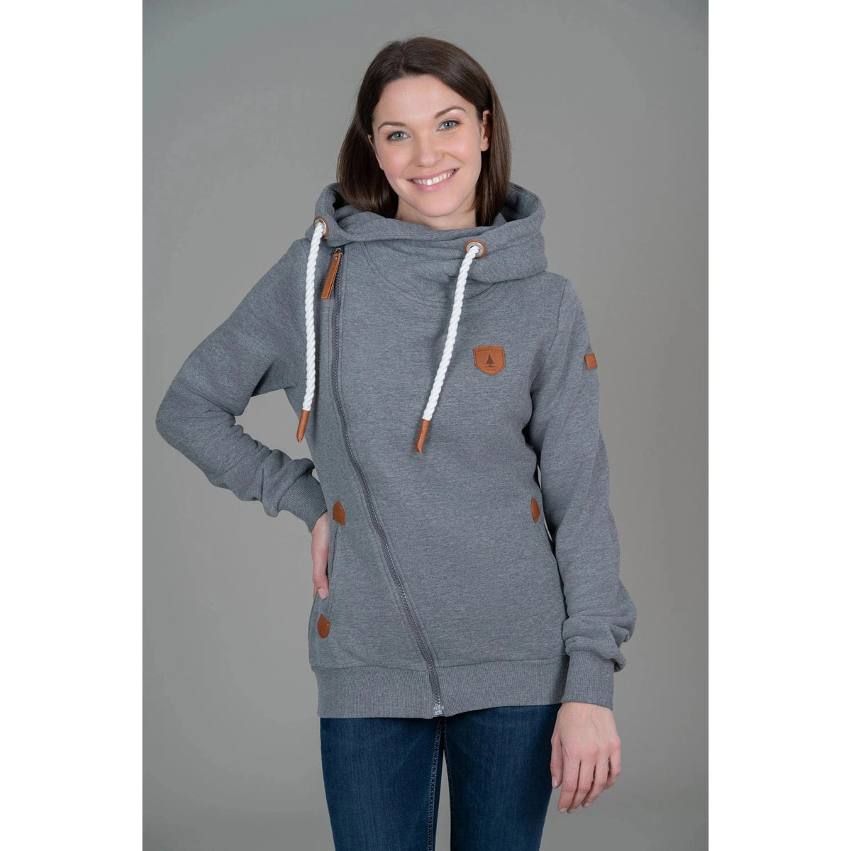 Wanakome Athena Hoodie in dark heather grey features a shawl neck, asymmetrical zip, and faux leather accents.