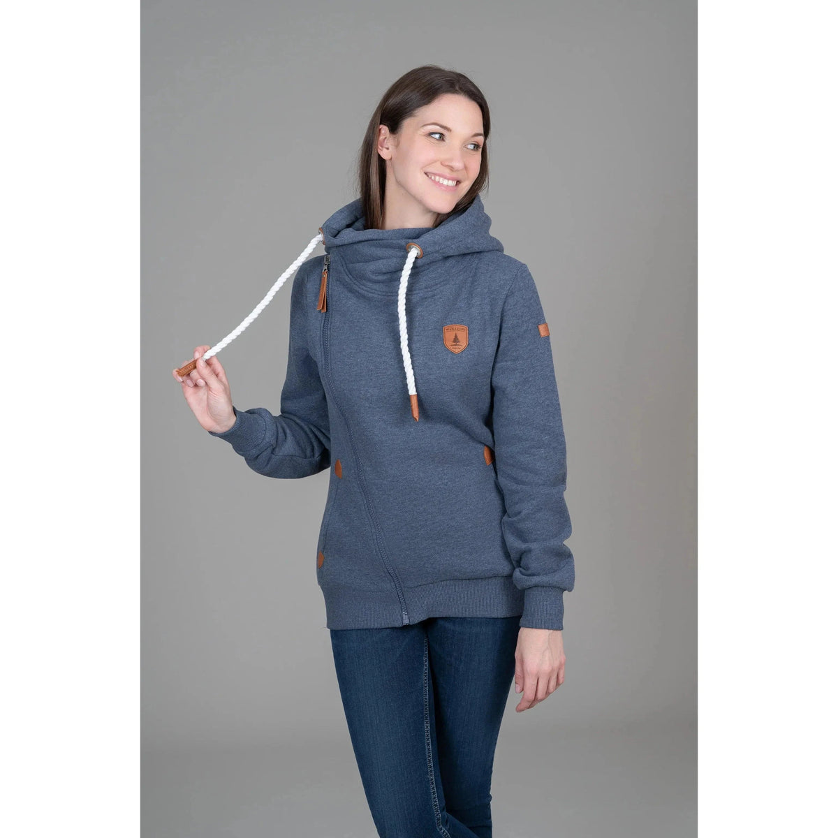 Stylish Wanakome Athena Hoodie features a shawl neck and faux leather accents, perfect for layering in navy.