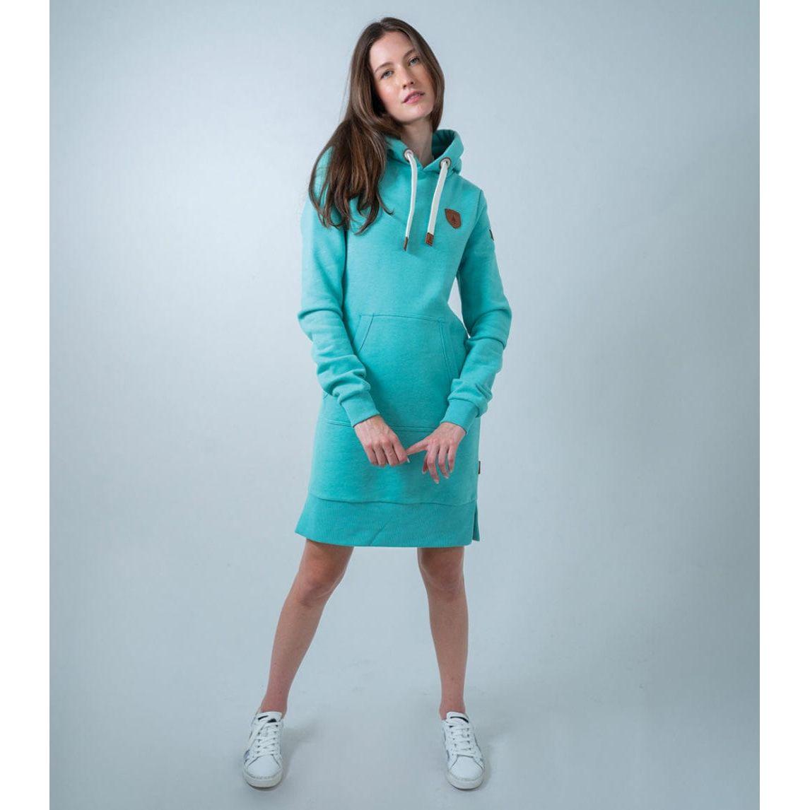 Wanakome Carmen Hoodie Dress in Cove, featuring premium fleece, long sleeves, and a cozy front pocket.