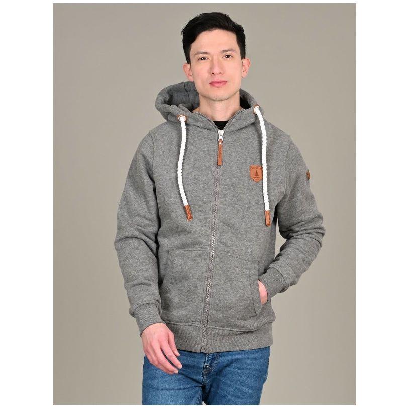 Wanakome Zeus Hoodie worn by model in dark heather grey with rope drawstrings and faux leather accents.