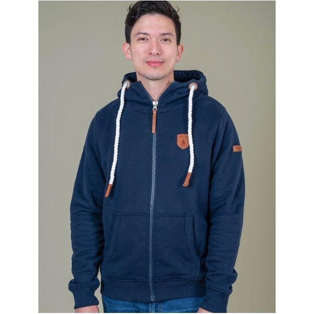 Wanakome Zeus Hoodie navy zip hoodie on a model with thick rope drawstrings and faux leather accents.