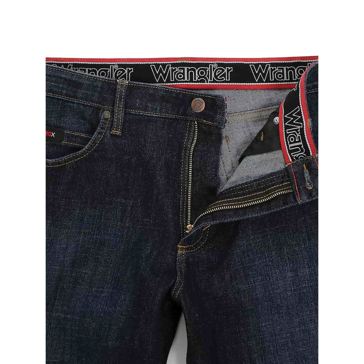 Wrangler 20X Active Flex regular fit jeans in Twilight, with stretch denim, zipper fly and branded waistband.