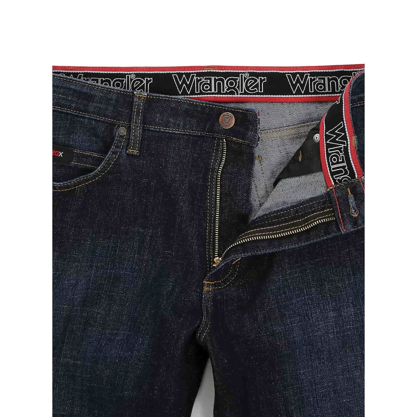 Wrangler 20X Active Flex regular fit jeans in Twilight, with stretch denim, zipper fly and branded waistband.
