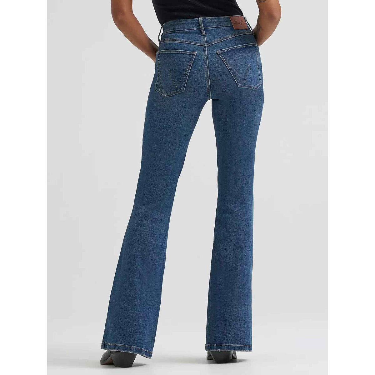 Wrangler Bespoke Lily high-rise flare jeans with contoured waistband and angled back pockets.