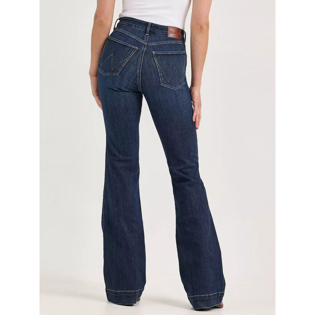 Wrangler Bespoke Trouser in Alexandra: high-rise stretch denim with W-stitch back pockets and leather patch.