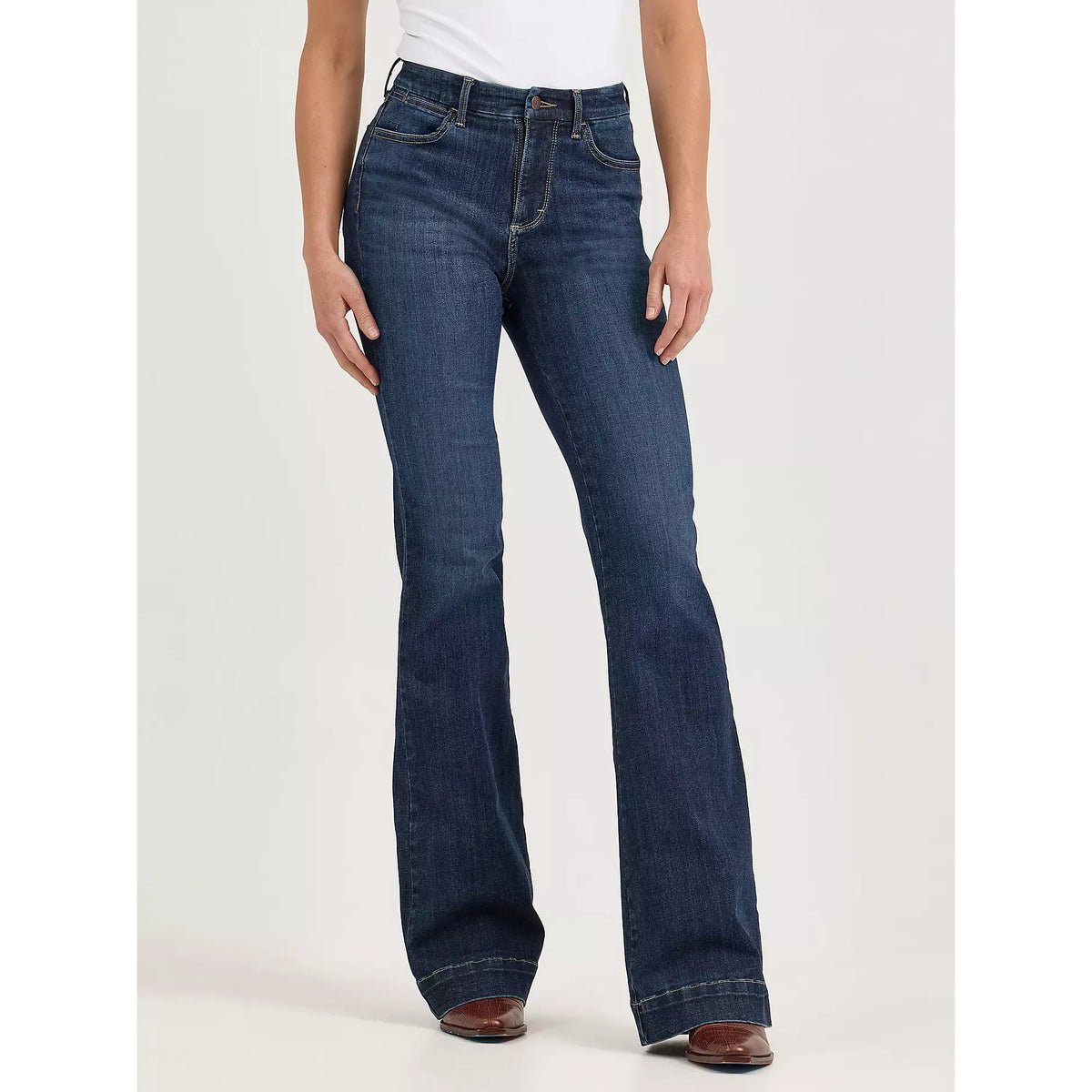 Wrangler Bespoke Trouser in Alexandra, high-rise stretch denim, slim through thigh, wider leg from knee.