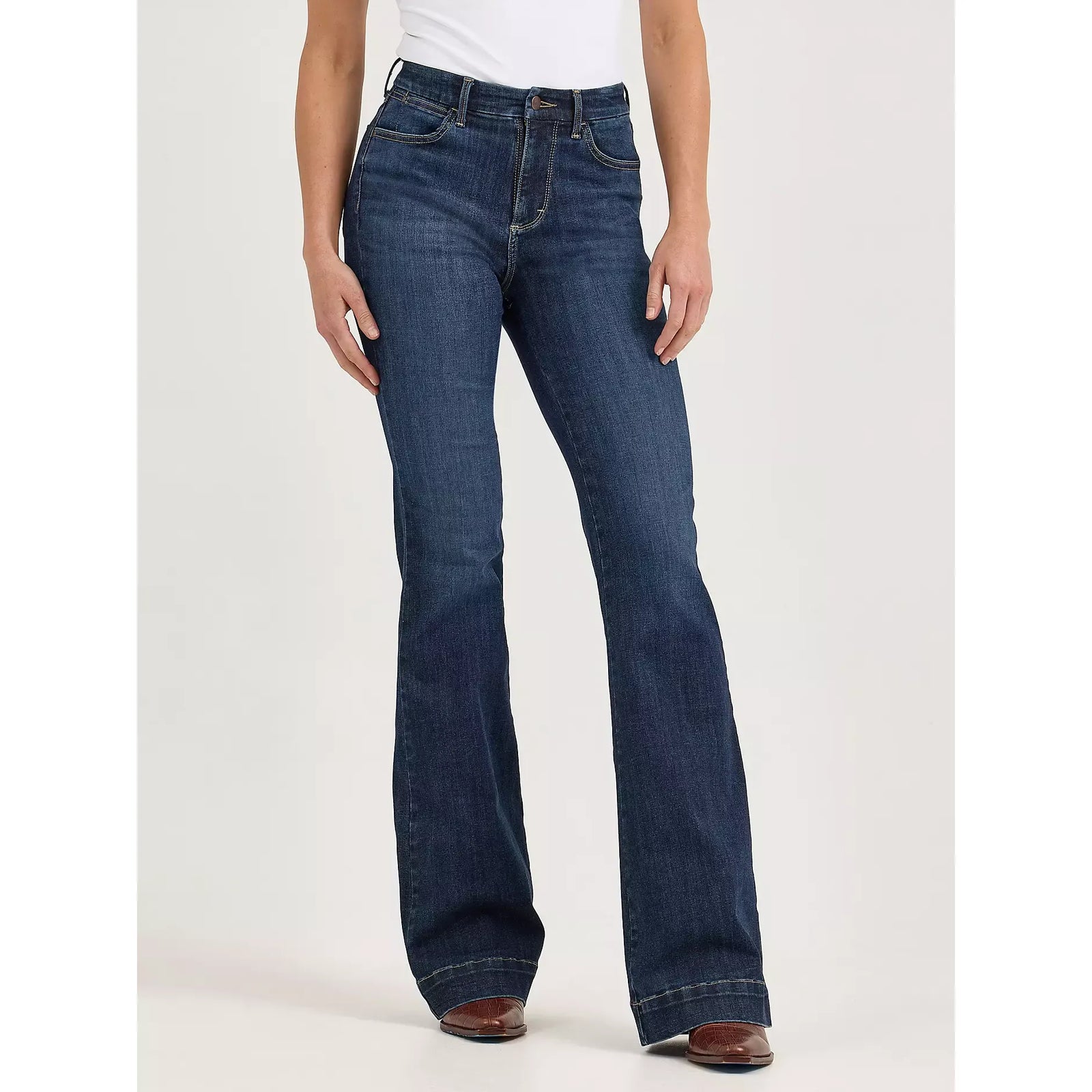 Wrangler Bespoke Trouser in Alexandra, high-rise stretch denim, slim through thigh, wider leg from knee.