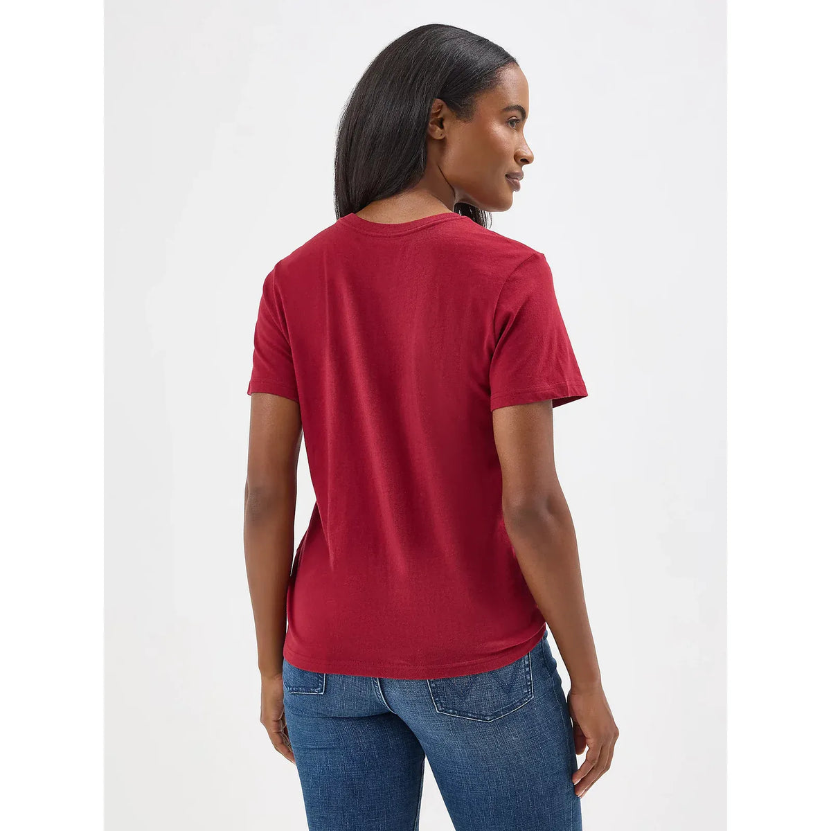 Red Wrangler Rope Logo Tee on model, back view, regular-fit cotton crewneck with denim jeans.