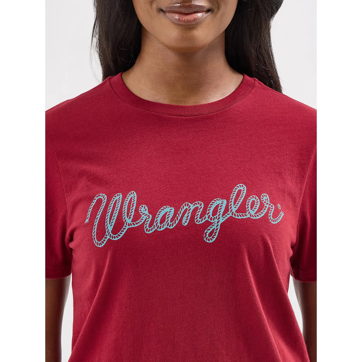 Red Wrangler Rope Logo Tee with light blue rope-script logo across the chest.