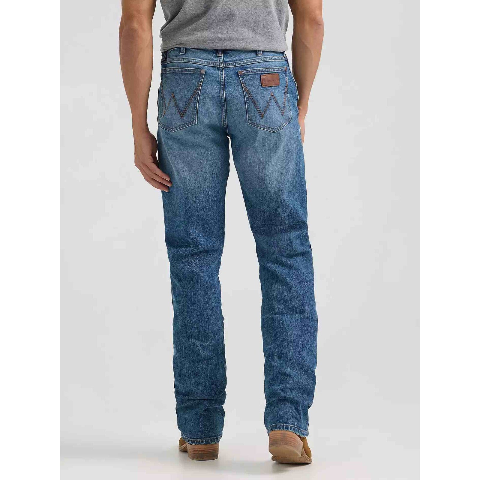 Wrangler Western Retro Slim Boot jeans in Harris, back view with W stitching and leather patch on pockets.
