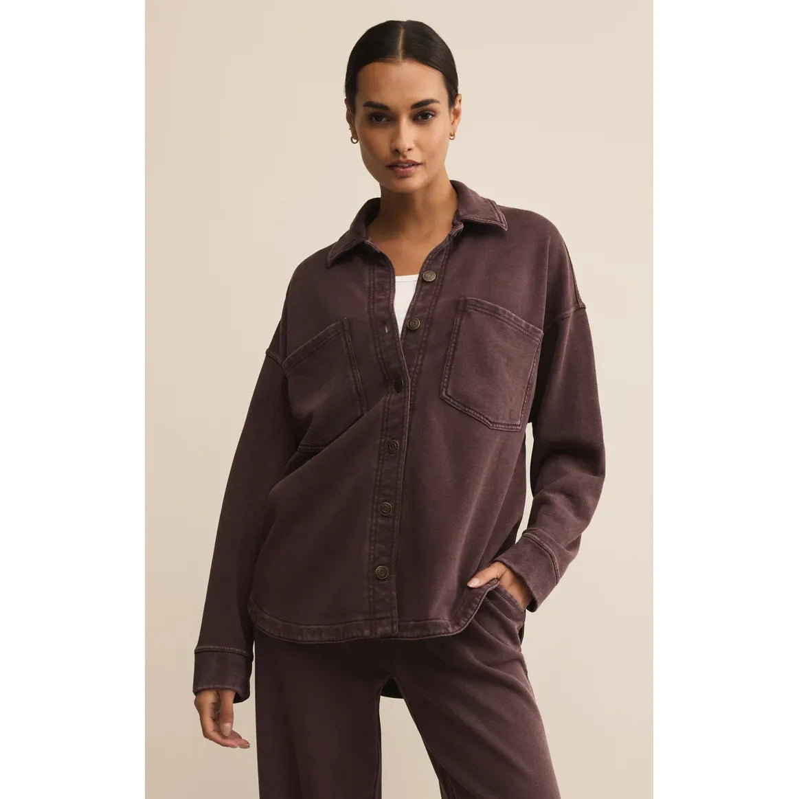 Z Supply All Day Knit Jacket on model; oversized button-front knit with large chest pockets in dusty brown.