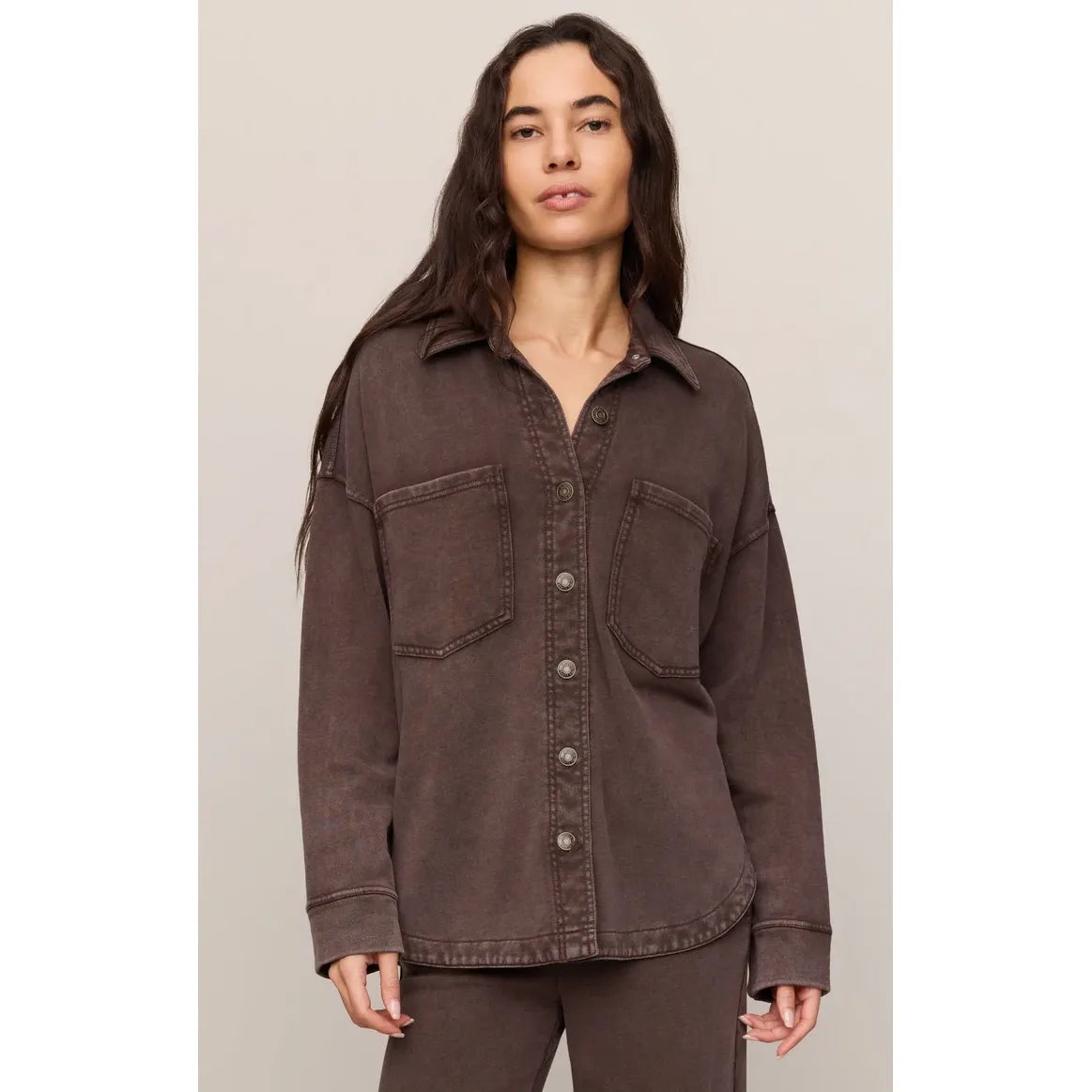 Model wearing Z Supply All Day Knit Jacket in dark brown with front buttons and large chest pockets.