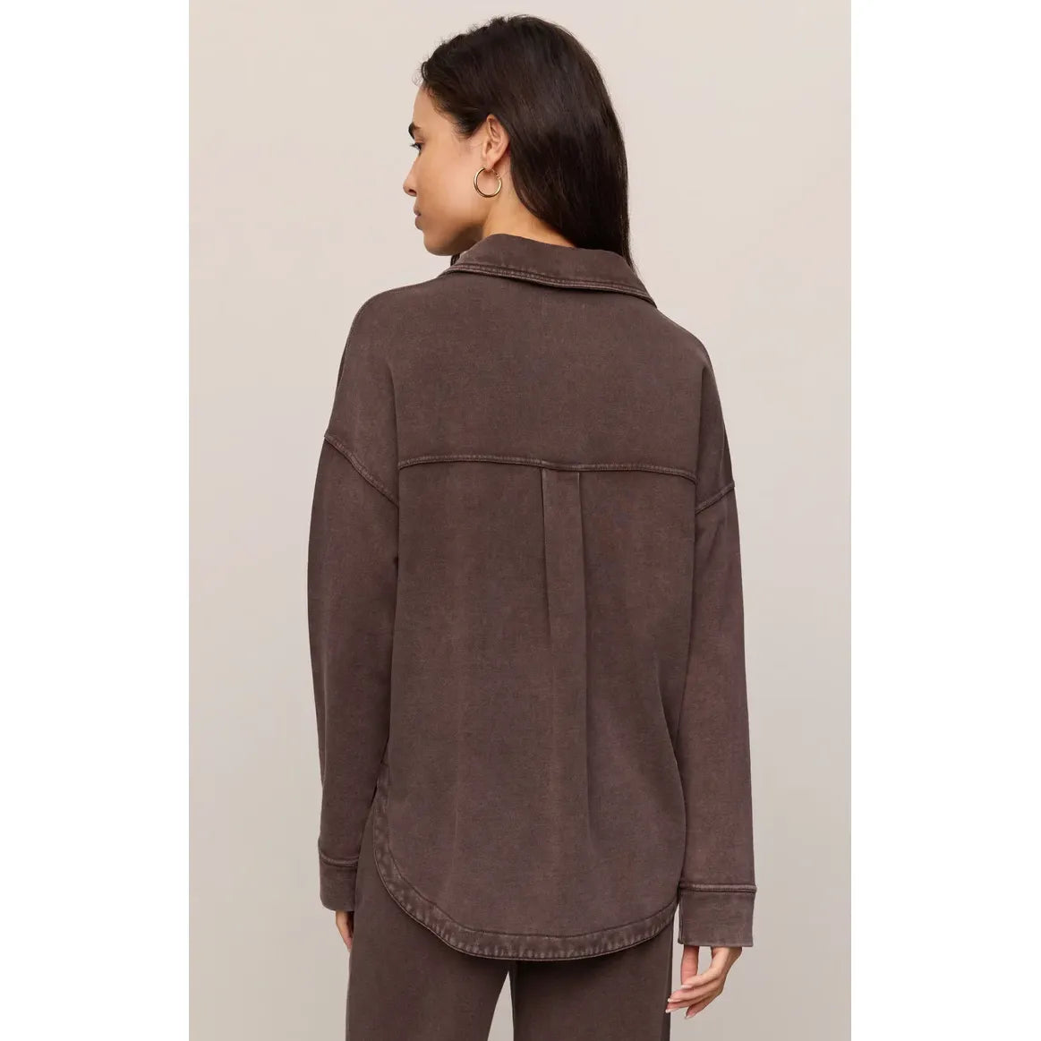 Z Supply All Day Knit Jacket in brown, back view on model with an oversized, vintage-inspired silhouette and curved hem.