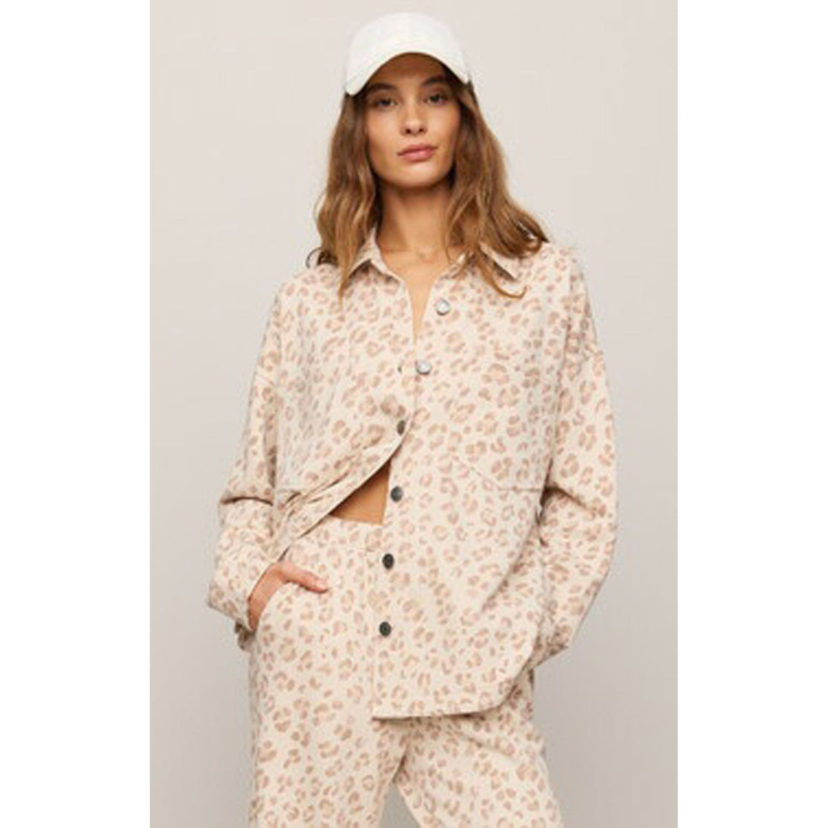 Z Supply All Day Knit Leopard Jacket: ivory leopard print shirt jacket with button front and patch pockets