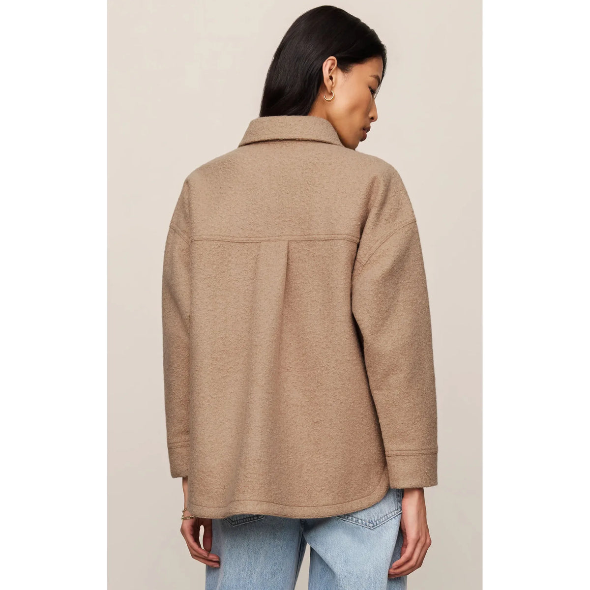 Z Supply All Day Poodle Knit Jacket in camel, back view with textured fabric, structured collar, button-front