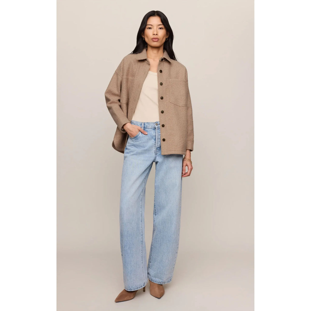 Z Supply All Day Poodle Knit Jacket in camel, textured knit, structured collar, button-front, worn by model.