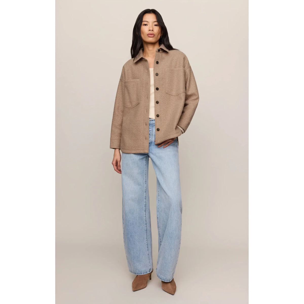 Z Supply All Day Poodle Knit Jacket in camel with textured fabric, structured collar, button-front, chest pockets.