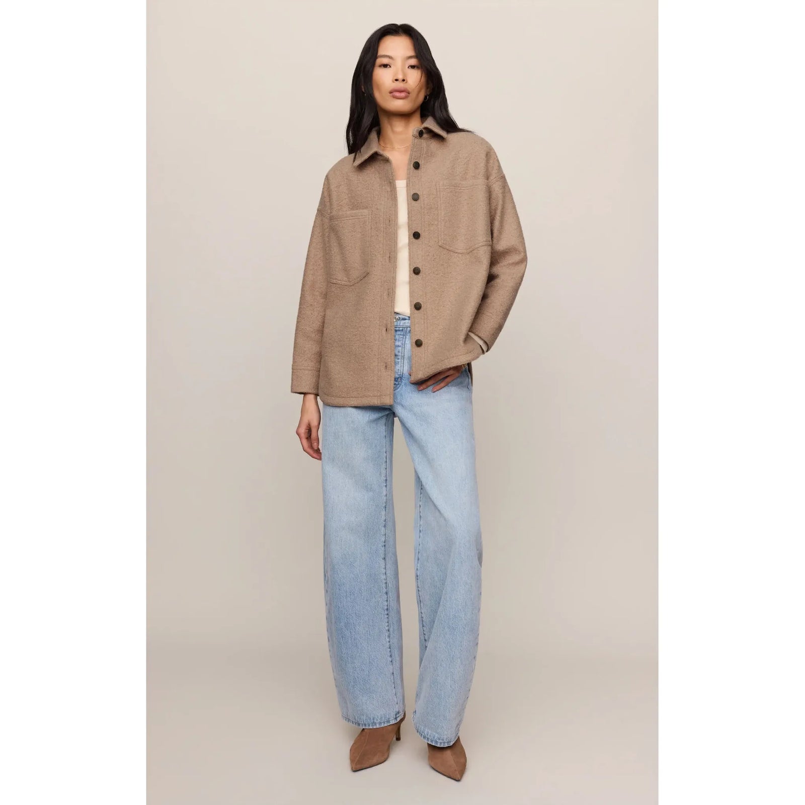 Z Supply All Day Poodle Knit Jacket in camel with textured fabric, structured collar, button-front, chest pockets.