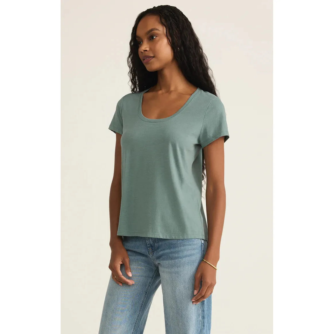 Z Supply Anywhere Scoop Tee in sea pine offers a cozy, relaxed fit perfect for everyday adventures.