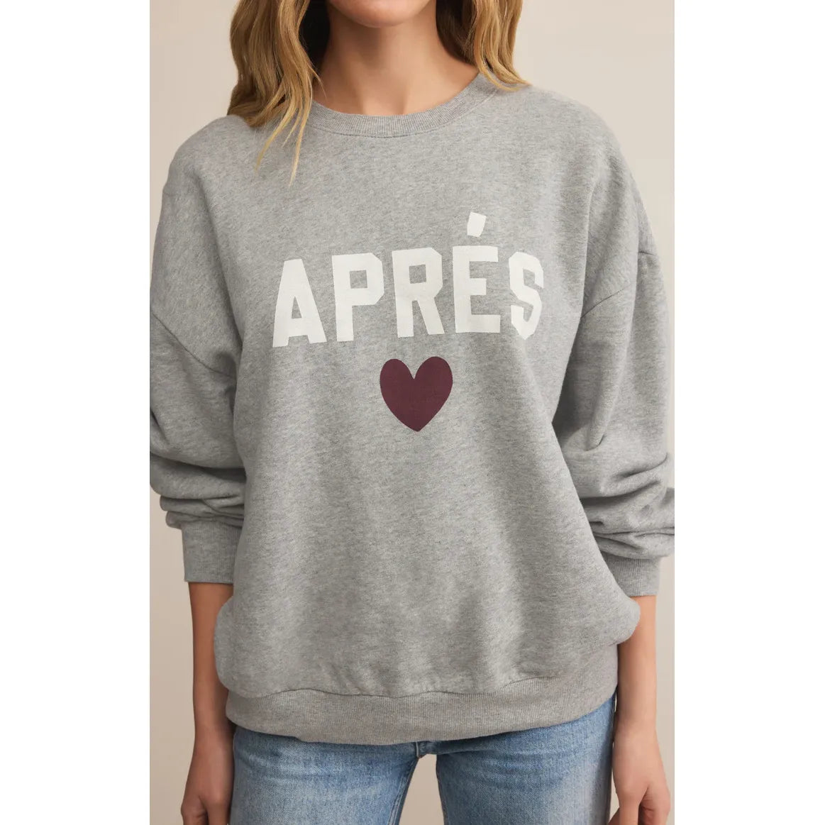 Z Supply Après Sunday Sweatshirt in gray brushed cotton fleece with bold APRÉS graphic and maroon heart.