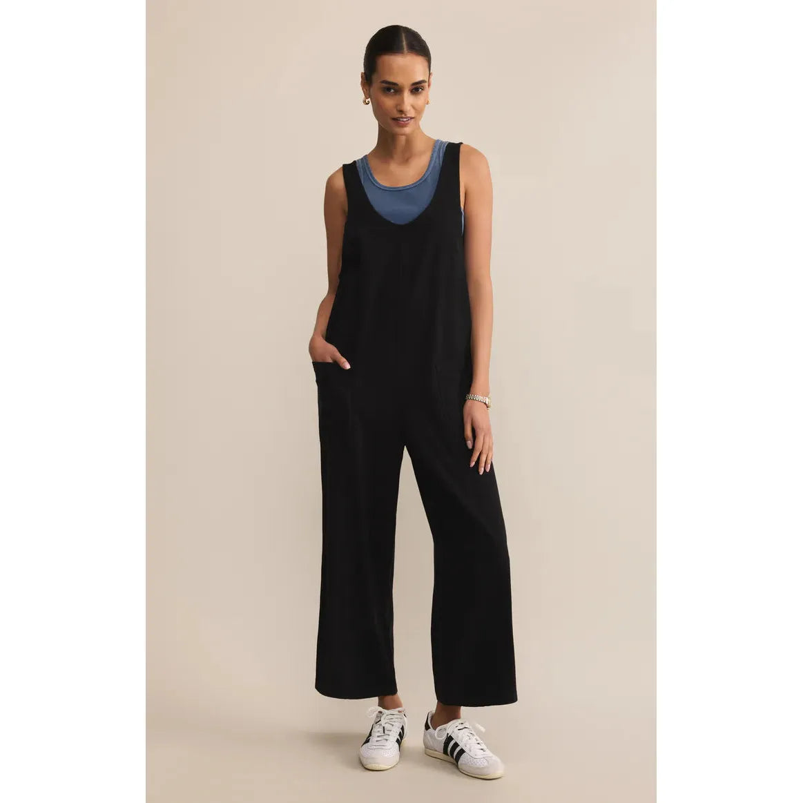Z Supply Brasilia Everyday Jersey Jumpsuit — true black, soft jersey denim with wide straps and pockets.