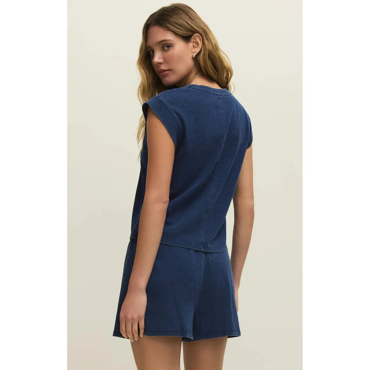 Back view of model in navy Z Supply Camino Jersey Top, a midweight cotton-lyocell crew-neck tee.